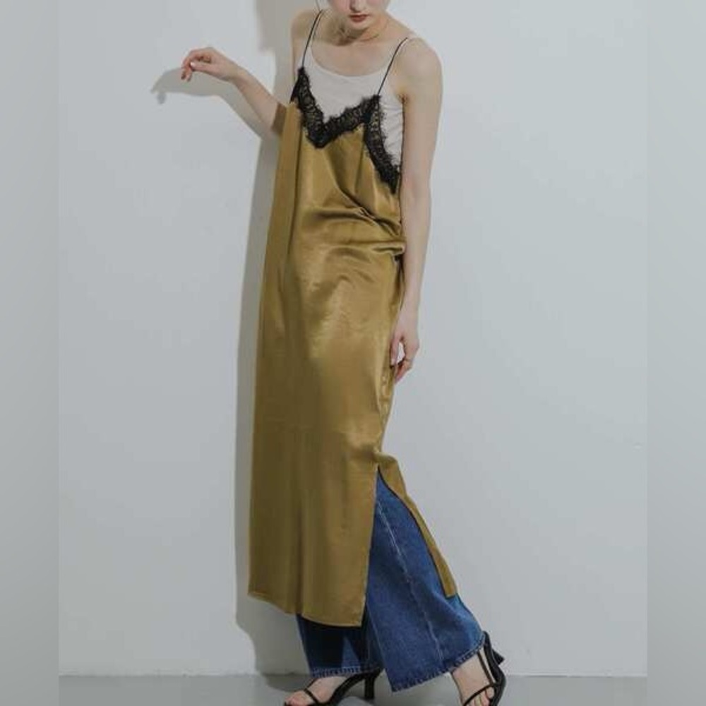 Revolve Sense of Place Satin & Lace Slip Dress Gold Size Small